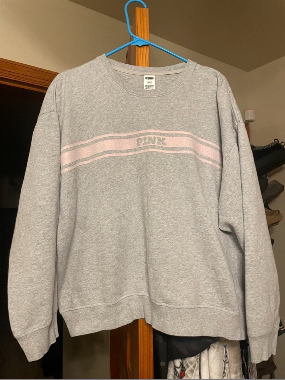 PINK Victoria's Secret Gray Crewneck Sweatshirt with Pale Pink Stripe